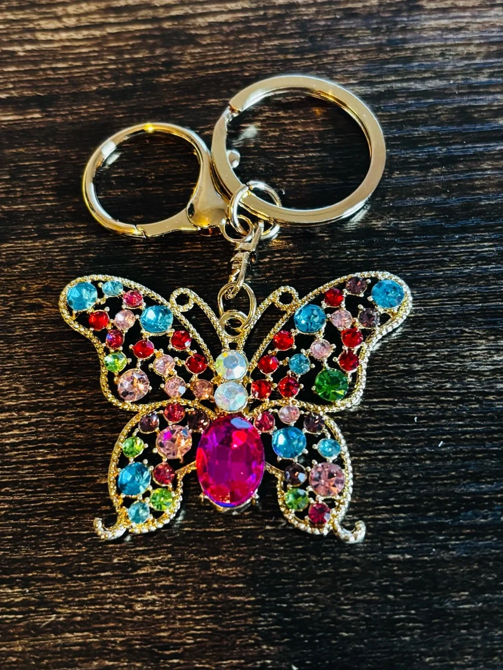 Multicolor Jeweled Crystal‎ Rhinestone Butterfly Keychain - Gold Tone